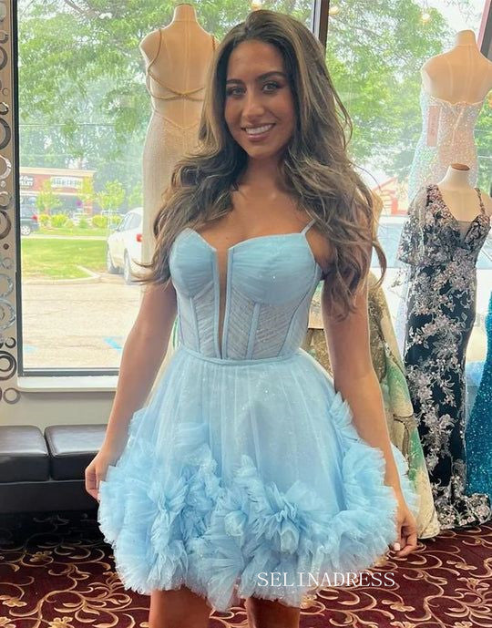 Sexy Short Cute Pink Tulle Junior V-Neck Mini Homecoming Dress #EWR576 SELINADRESS Sexy Short Cute Pink Tulle Junior V-Neck Mini Homecoming Dress #EWR576 SELINADRESS