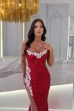 Sexy Strapless Red Sequins Crystals Long Mermaid Evening Dress #SEK195|Selinadress