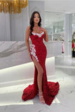 Sexy Strapless Red Sequins Crystals Long Mermaid Evening Dress #SEK195|Selinadress