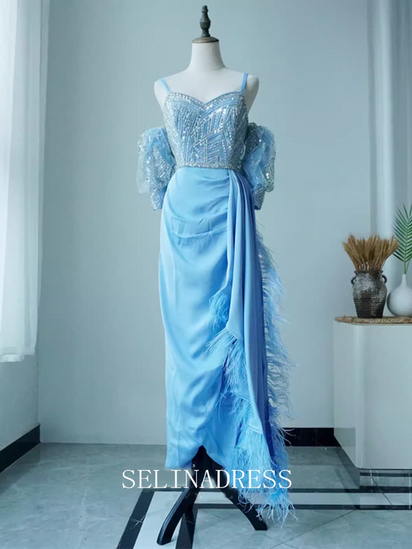 Sheath/Column Blue Beaded luxury Prom Dress With Detachable Sleeve Dubai Evening Formal Gown EWR103