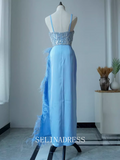 Sheath/Column Blue Beaded luxury Prom Dress With Detachable Sleeve Dubai Evening Formal Gown EWR103|Selinadress