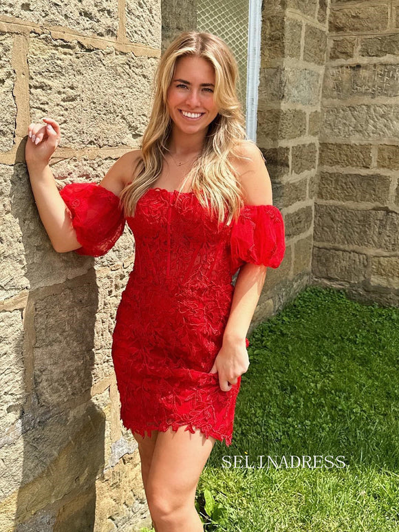 Sheath/Column Cheap Lace Red Applique Short Prom Dress Homecoming Dress JKW007