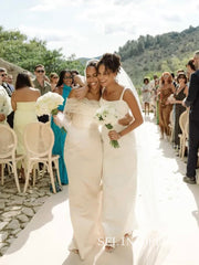 Sheath/Column Off-the-shoulder Lace Wedding Dress With Long Sleeve Wedding Gowns SEA004|Selinadress