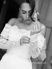 Sheath/Column Off-the-shoulder Lace Wedding Dress With Long Sleeve Wedding Gowns SEA004|Selinadress