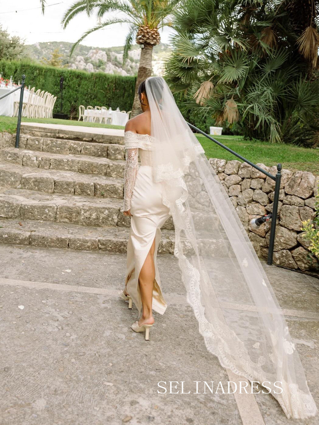 Sheath/Column Off-the-shoulder Lace Wedding Dress With Long Sleeve Wedding Gowns SEA004|Selinadress