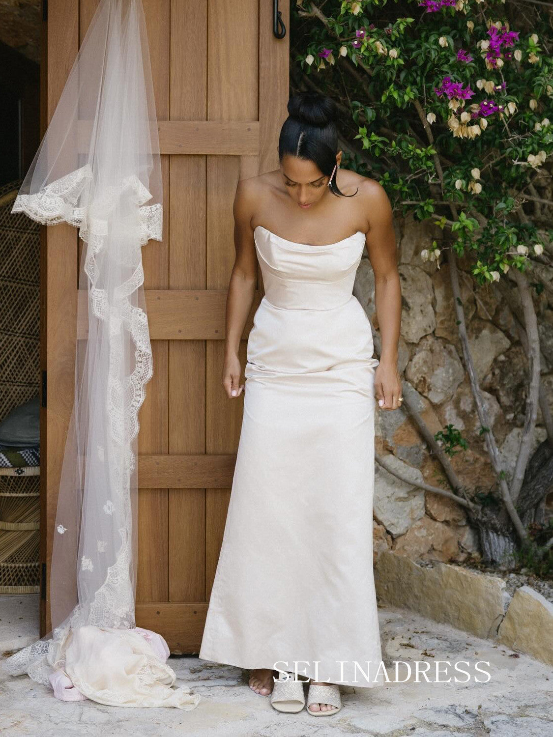 Sheath/Column Off-the-shoulder Lace Wedding Dress With Long Sleeve Wedding Gowns SEA004|Selinadress