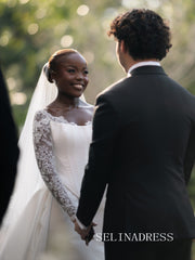 Sheath/Column Off-the-shoulder Lace Wedding Dress With Long Sleeve Wedding Gowns SEA007|Selinadress