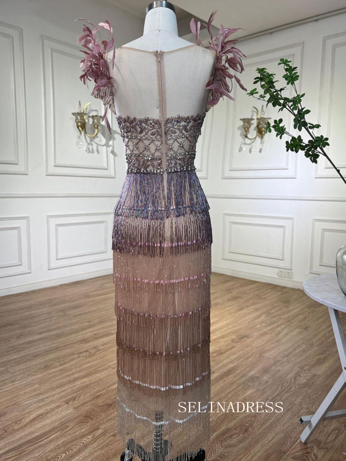 Sheath/Column Ombre Beaded Long Prom Dress High Quality Feather Evenin – SELINADRESS