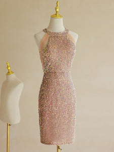Sheath/Column Pink Short Prom Dress Glitter Homecoming Dresses Sequins Cocktail Dresses #lko017|Selinadress