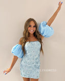 Sheath/Column Puff Sleeve Short Prom Dress Light Sky Blue Sequins Homecoming Dress JKW002|Selinadress