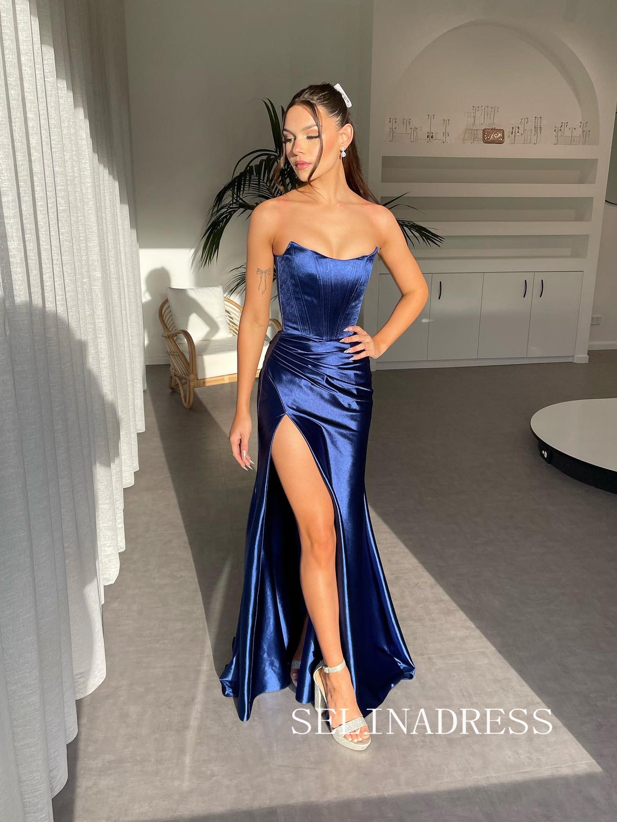 Sheath/Column Royal Blue Long Prom Dress Cheap Evening Dress With Slit SQO010|Selinadress