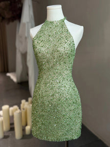 Sheath/Column Sage Short Prom Dress Elegant Glitter Sequins Homecoming Dresses #lko019