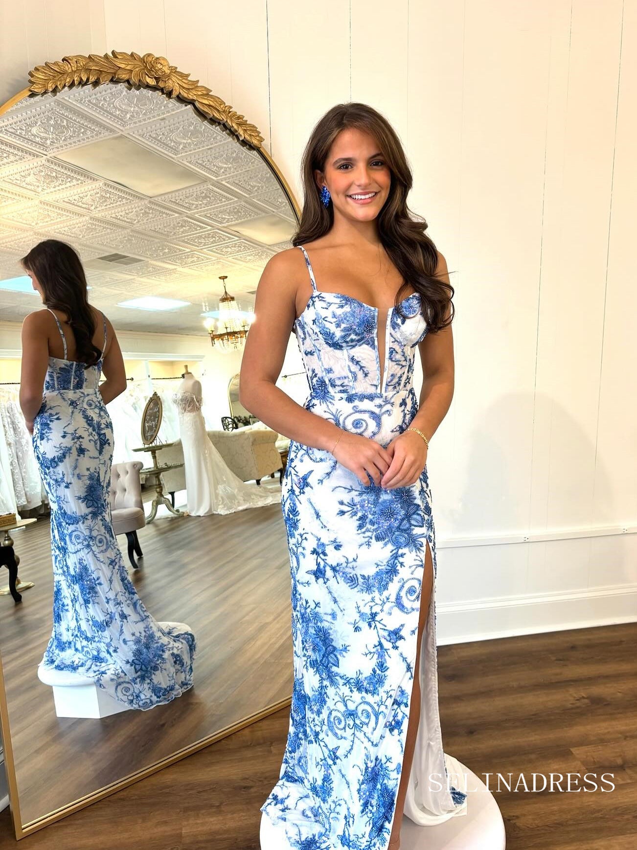 Sheath/Column Spaghetti Straps Blue Embroidery Flower Lace Long Prom D SELINADRESS Sheath/Column Spaghetti Straps Blue Embroidery Flower Lace Long Prom D SELINADRESS