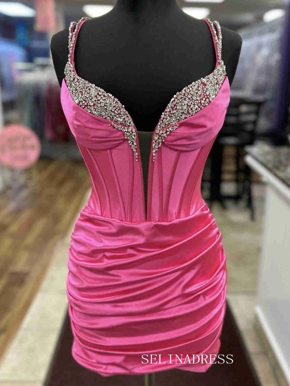 Sheath/Column Spaghetti Straps Hot Pink Short Prom Dress Homecoming Dr SELINADRESS Sheath/Column Spaghetti Straps Hot Pink Short Prom Dress Homecoming Dr SELINADRESS