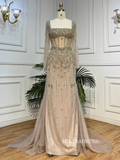 Sheath/Column Square Beaded Long Sleeve Prom Dress High Quality Evening Gowns LA72014|Selinadress