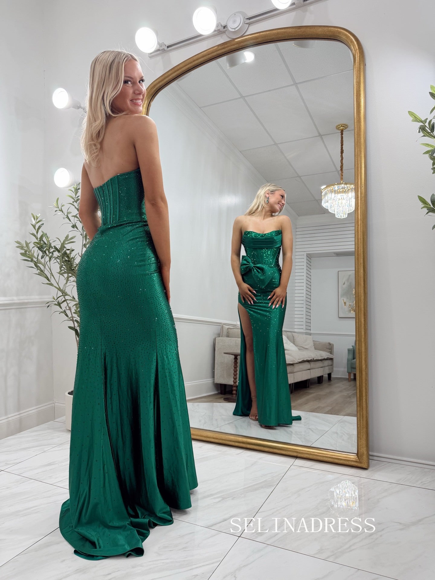 Sheath/Column Strapless Hunter Green Sparkly Long Prom Dresses Hot Stones Evening Dresses SEA295|Selinadress