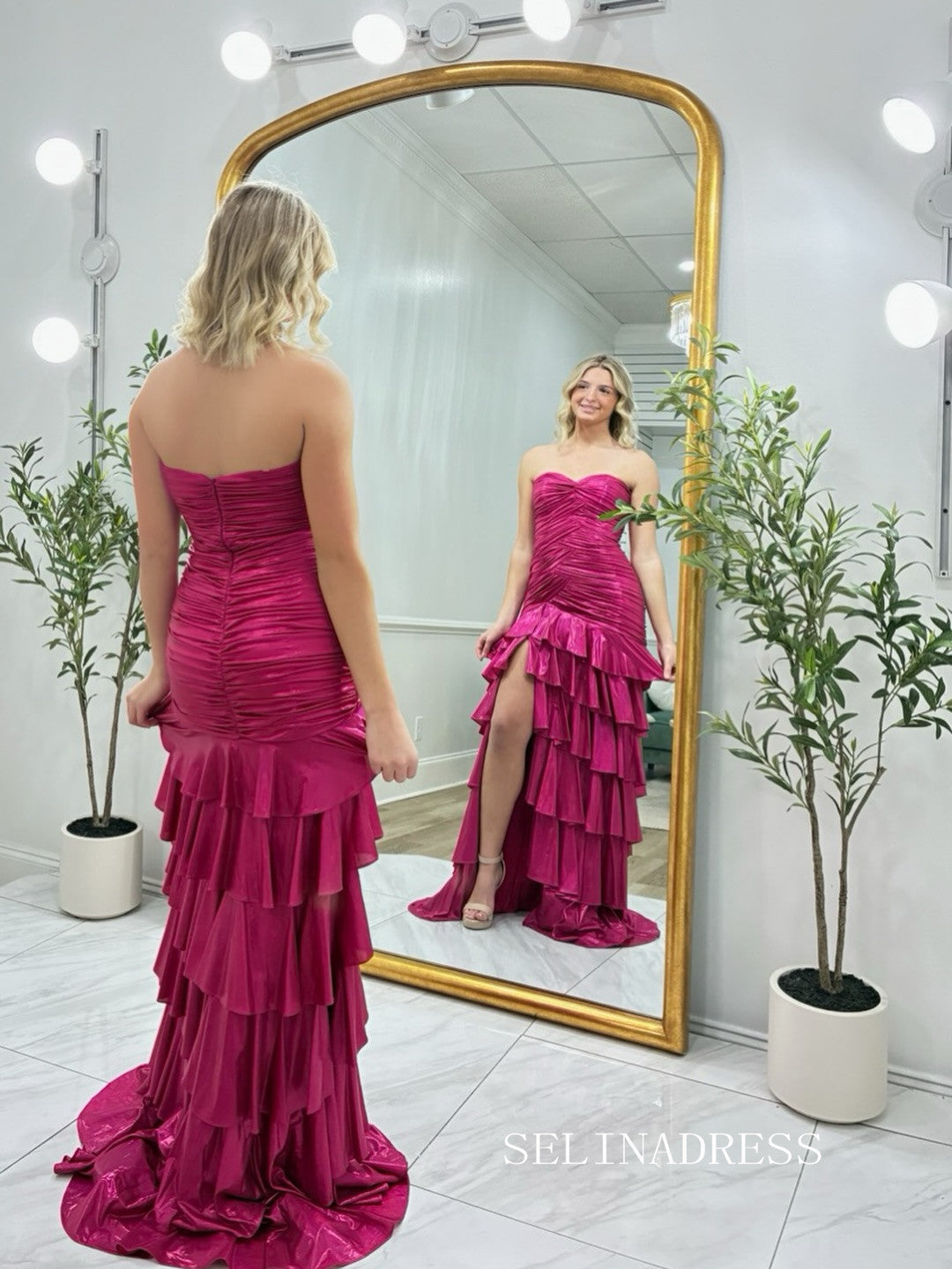 Sheath/Column Strapless  Fuchsia  Long Prom Dresses Multi-layered Evening Dresses SEA293