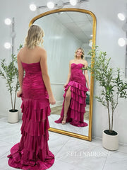 Sheath/Column Strapless  Fuchsia  Long Prom Dresses Multi-layered Evening Dresses SEA293