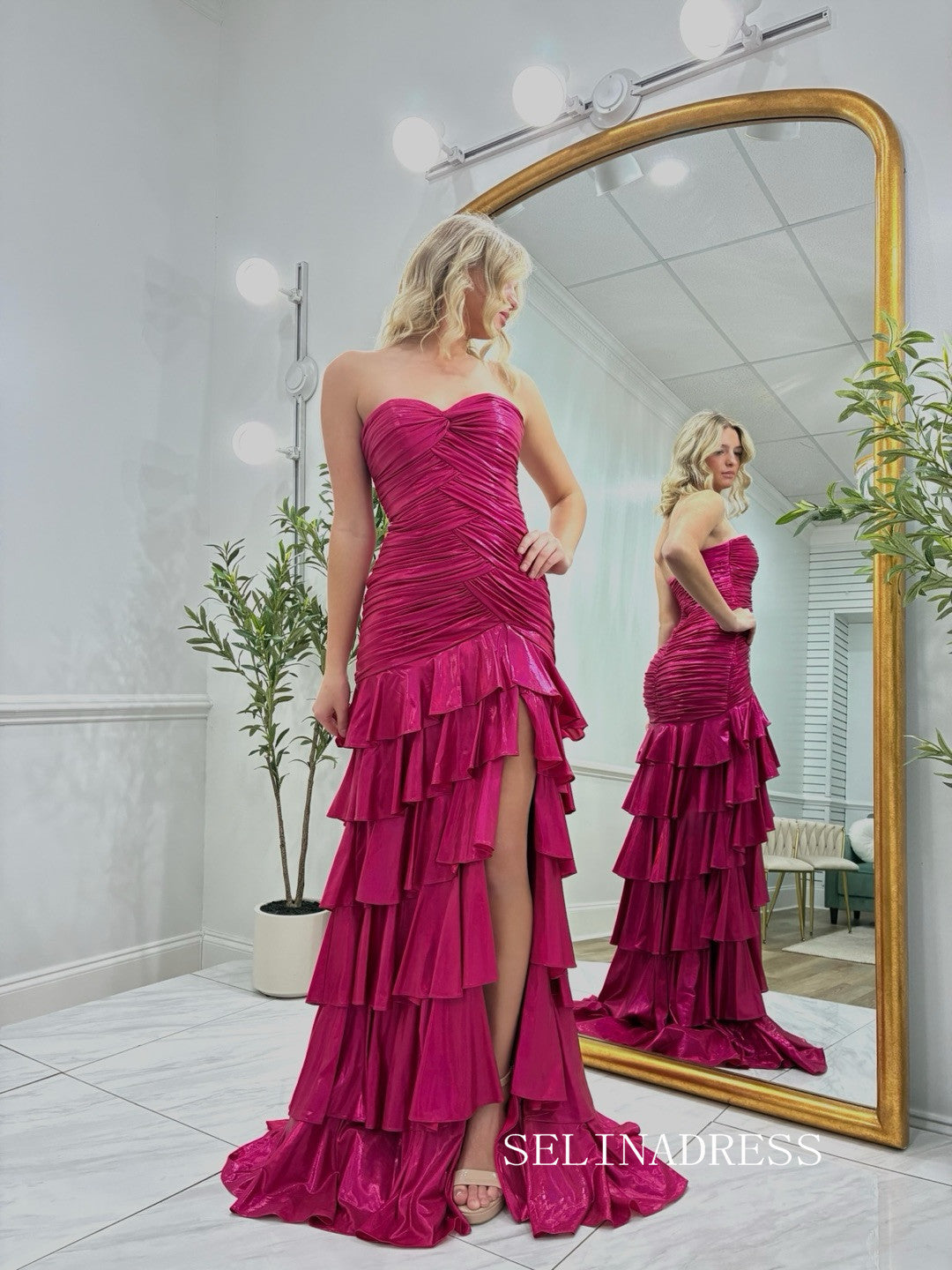 Sheath/Column Strapless  Fuchsia  Long Prom Dresses Multi-layered Evening Dresses SEA293
