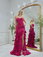 Sheath/Column Strapless  Fuchsia  Long Prom Dresses Multi-layered Evening Dresses SEA293