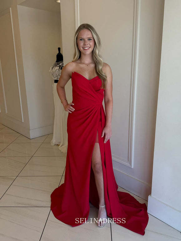 Sheath/Column Strapless Red Long Prom Dress Evening Dress With Split sew1097|Selinadress