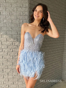Sheath/Column Sweetheart Beaded Short Prom Dress Light Sky Blue Homecoming Dress JKW003|Selinadress