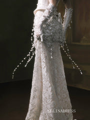 Sheath/Column Sweetheart Lace Beaded Long Prom Dresses Evening Dresses YY001|Selinadress