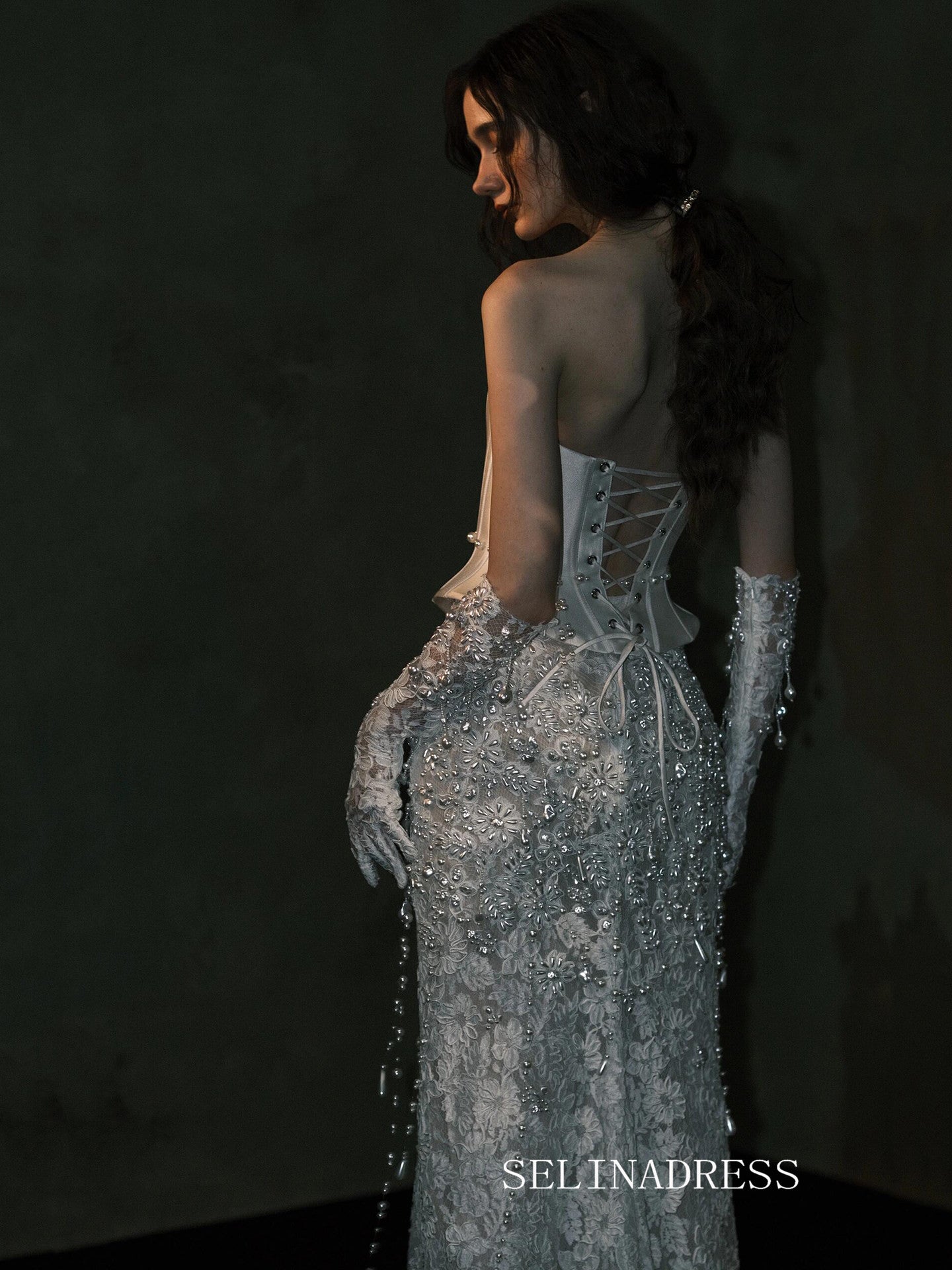 Sheath/Column Sweetheart Lace Beaded Long Prom Dresses Evening Dresses YY001|Selinadress
