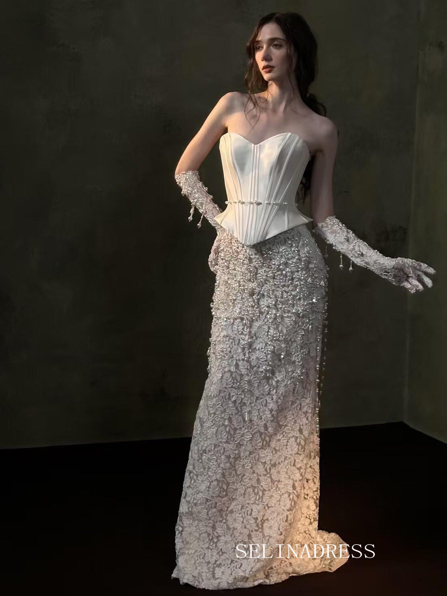 Sheath/Column Sweetheart Lace Beaded Long Prom Dresses Evening Dresses YY001|Selinadress