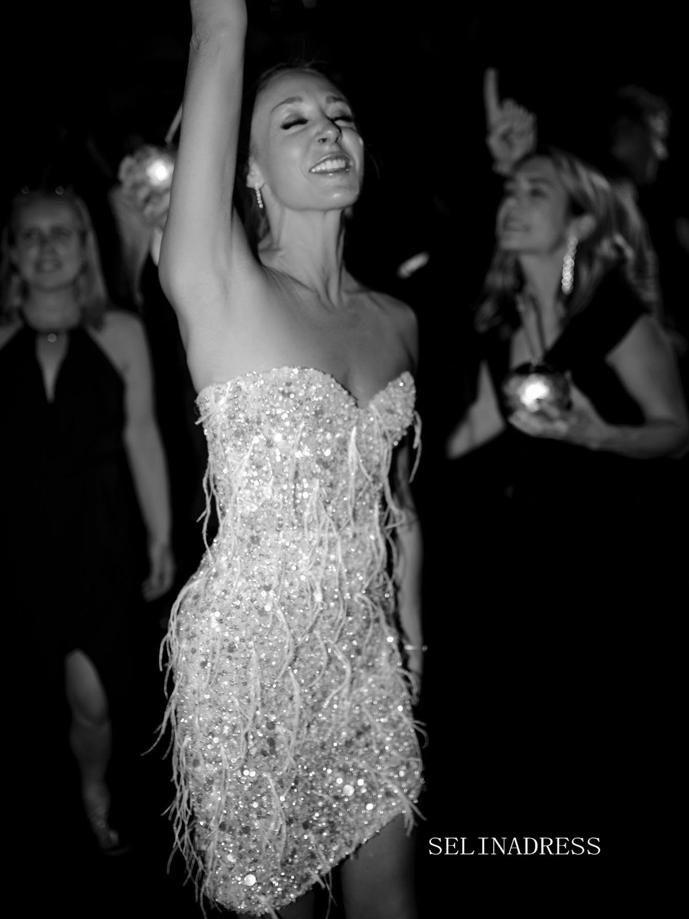 Sheath/Column Sweetheart Sequins Feather Short Wedding Dresses LKO003 SELINADRESS Sheath/Column Sweetheart Sequins Feather Short Wedding Dresses LKO003 SELINADRESS