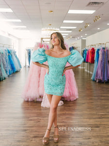 Sheath/Column Thight Short Formal Dresses Puff Sleeve Homecoming Dresses #TKL0145|Selinadress