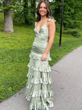 Sheath V Neck Sage Green Silk Satin Simple Long Prom Evening Dresses with Slit sew1050