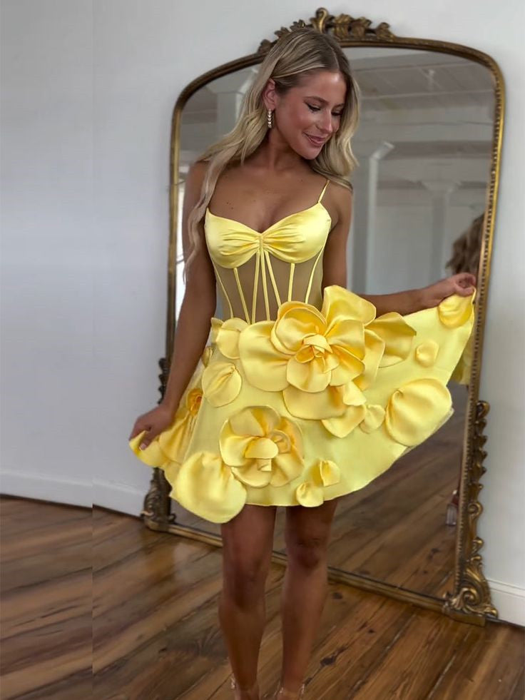 Short Yellow Floral Junior Mini Homecoming Dress #EWR569 – SELINADRESS