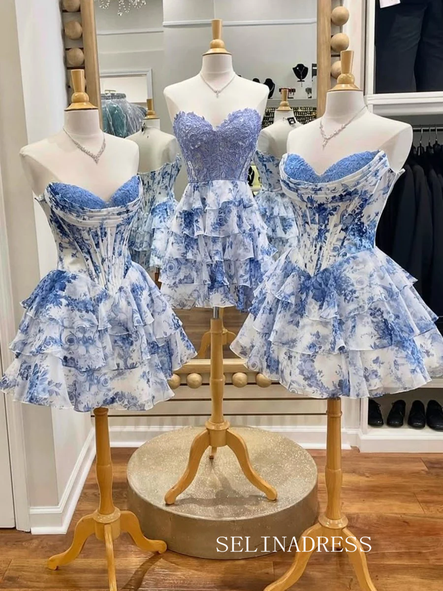 Sky Blue Sweetheart Floral Chiffon Corset Ruffled Homecoming Dresses #SEA260|Selinadress