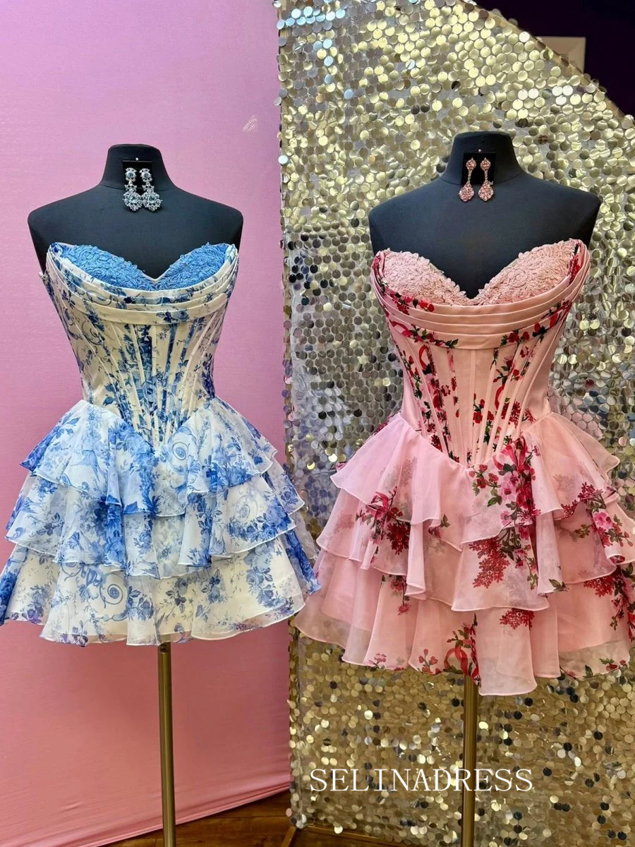 Sky Blue Sweetheart Floral Chiffon Corset Ruffled Homecoming Dresses #SEA260|Selinadress