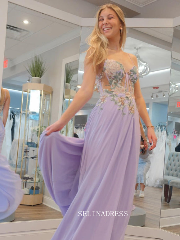 Spaghetti Straps A-line Embroidery Floral Lilac Long Prom Dress sew1018|Selinadress