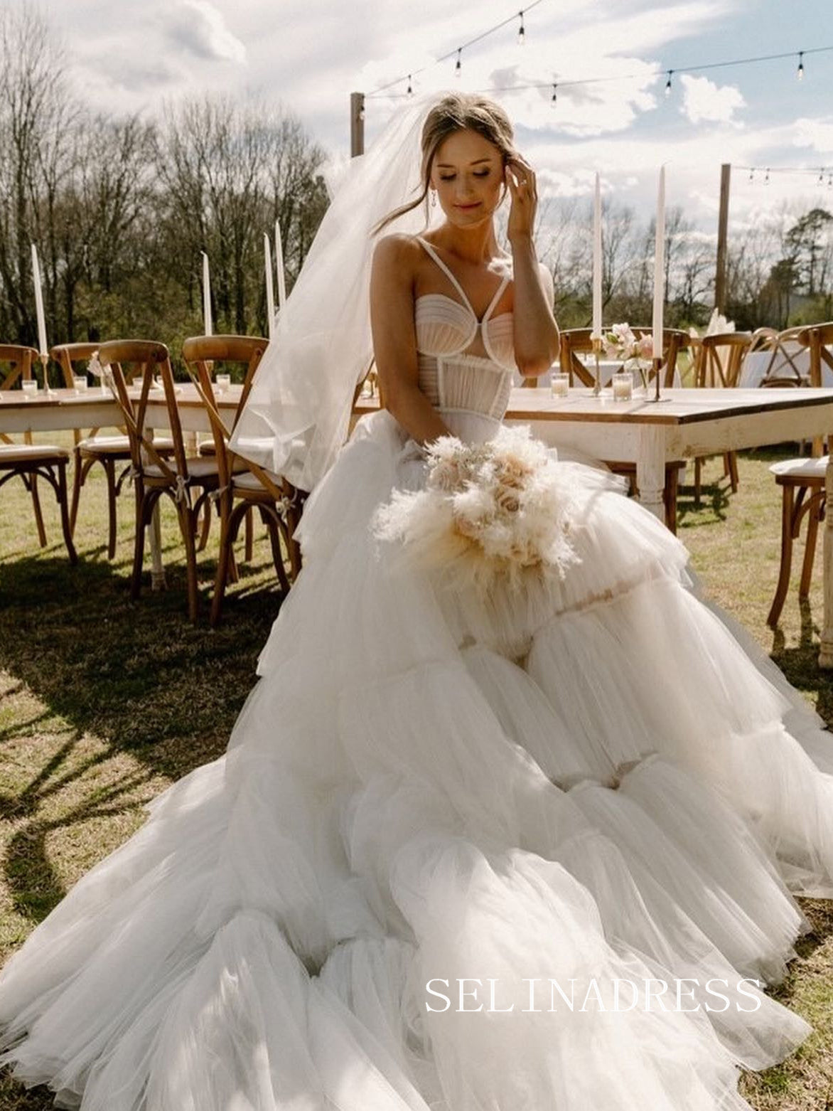 Spaghetti Straps Ball Gown Wedding Dress Muti Layered Tulle Bridal Gow SELINADRESS Spaghetti Straps Ball Gown Wedding Dress Muti Layered Tulle Bridal Gow SELINADRESS