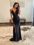 Spaghetti Straps Black Mermaid Beaded Long Prom Dress With Slit lpk924|Selinadress