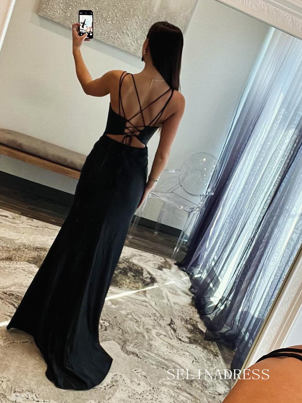 Spaghetti Straps Black Mermaid Beaded Long Prom Dress With Slit lpk924 SELINADRESS Spaghetti Straps Black Mermaid Beaded Long Prom Dress With Slit lpk924 SELINADRESS