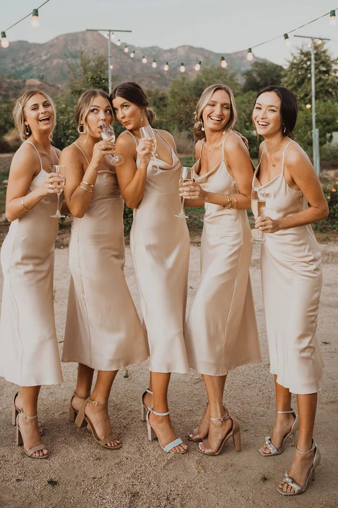 blue dress for baby girl Spaghetti Straps Cowl Neck Tea-Length Champagne Bridesmaid Dress SEV00 –  SELINADRESS