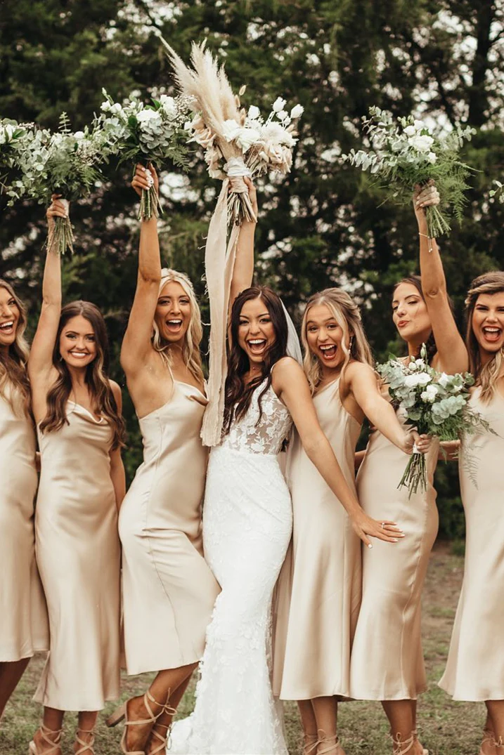 Spaghetti Straps Cowl Neck Tea-Length Champagne Bridesmaid Dress SEV00 SELINADRESS Spaghetti Straps Cowl Neck Tea-Length Champagne Bridesmaid Dress SEV00 SELINADRESS