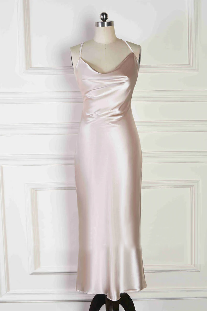 Spaghetti Straps Cowl Neck Tea-Length Champagne Bridesmaid Dress SEV00 SELINADRESS Spaghetti Straps Cowl Neck Tea-Length Champagne Bridesmaid Dress SEV00 SELINADRESS