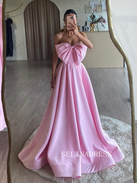 Pink Strapless Long Prom Dress With Bow Cheap Satin Ball Gown Formal Gowns SEW1255|Selinadress