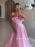 Pink Strapless Long Prom Dress With Bow Cheap Satin Ball Gown Formal Gowns SEW1255|Selinadress