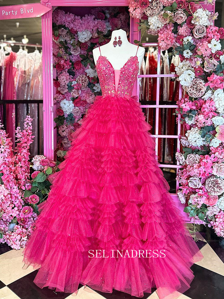 Spaghetti Straps Applique Lace Ball Gown Tiered Tulle Long Prom Dress SELINADRESS Spaghetti Straps Applique Lace Ball Gown Tiered Tulle Long Prom Dress SELINADRESS