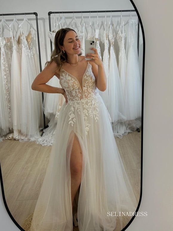 Spaghetti Straps Informal Wedding Dresses Applique Bridal Gown SEA053|Selinadress