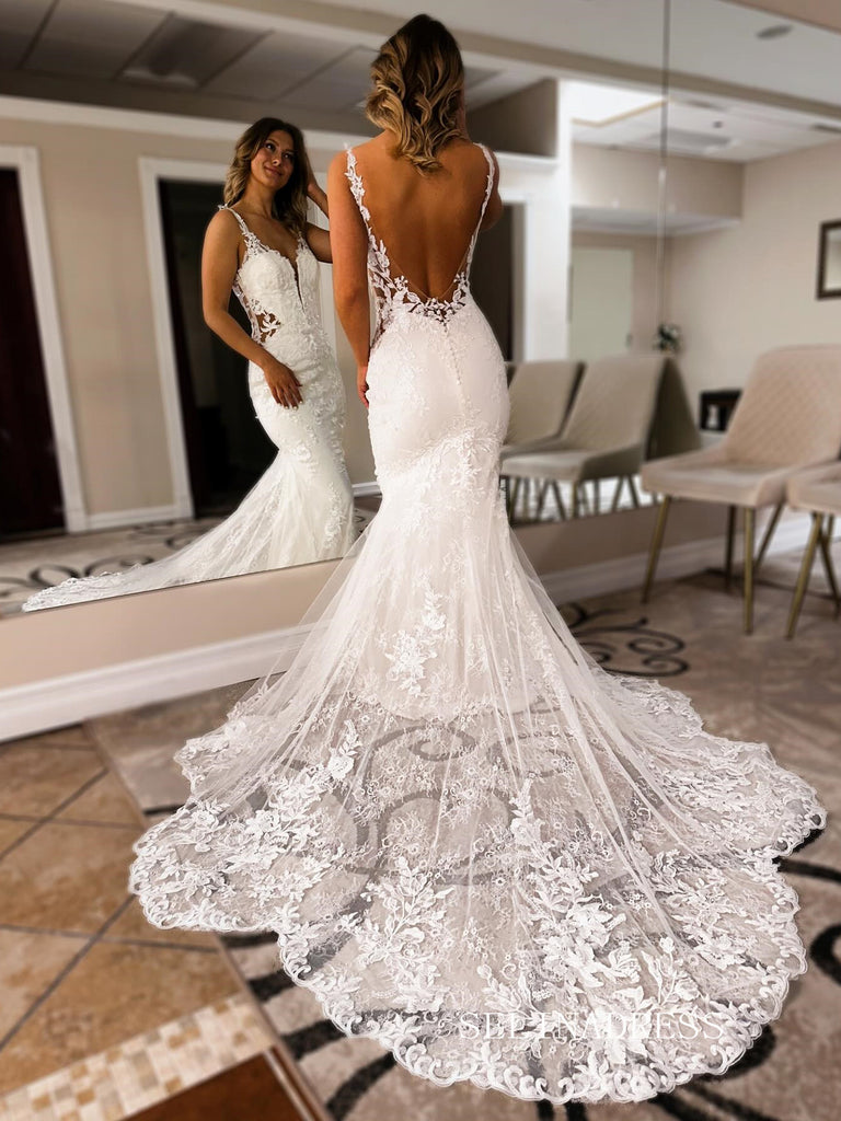 spaghetti strap mermaid lace wedding dress Spaghetti Straps Mermaid Sexy Backless Slit Lace Wedding Dress, FC2380 Dairy Bridal