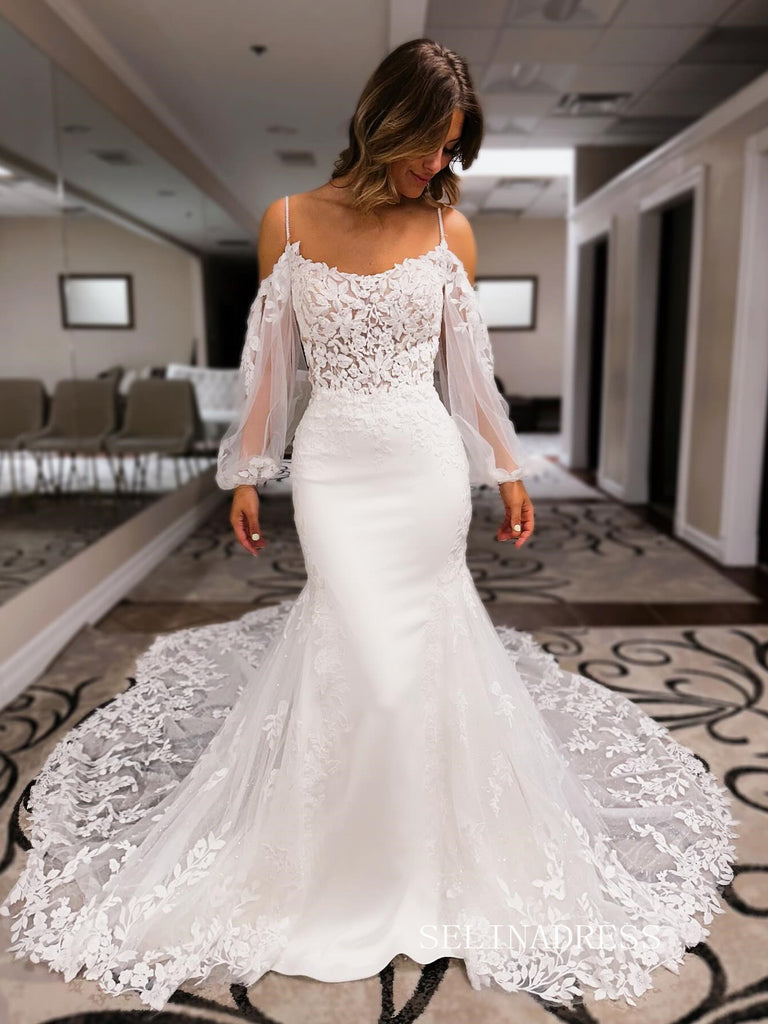 Spaghetti Straps Mermaid White Lace Wedding Dress With Long Sleeve EWR SELINADRESS Spaghetti Straps Mermaid White Lace Wedding Dress With Long Sleeve EWR SELINADRESS