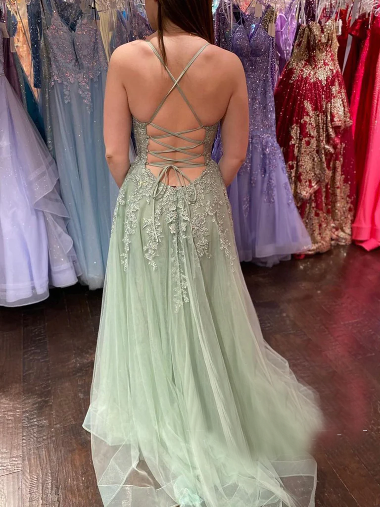 Spaghetti Straps Mint Green Long Prom Dress With Slit Appliqued Evenin SELINADRESS Spaghetti Straps Mint Green Long Prom Dress With Slit Appliqued Evenin SELINADRESS