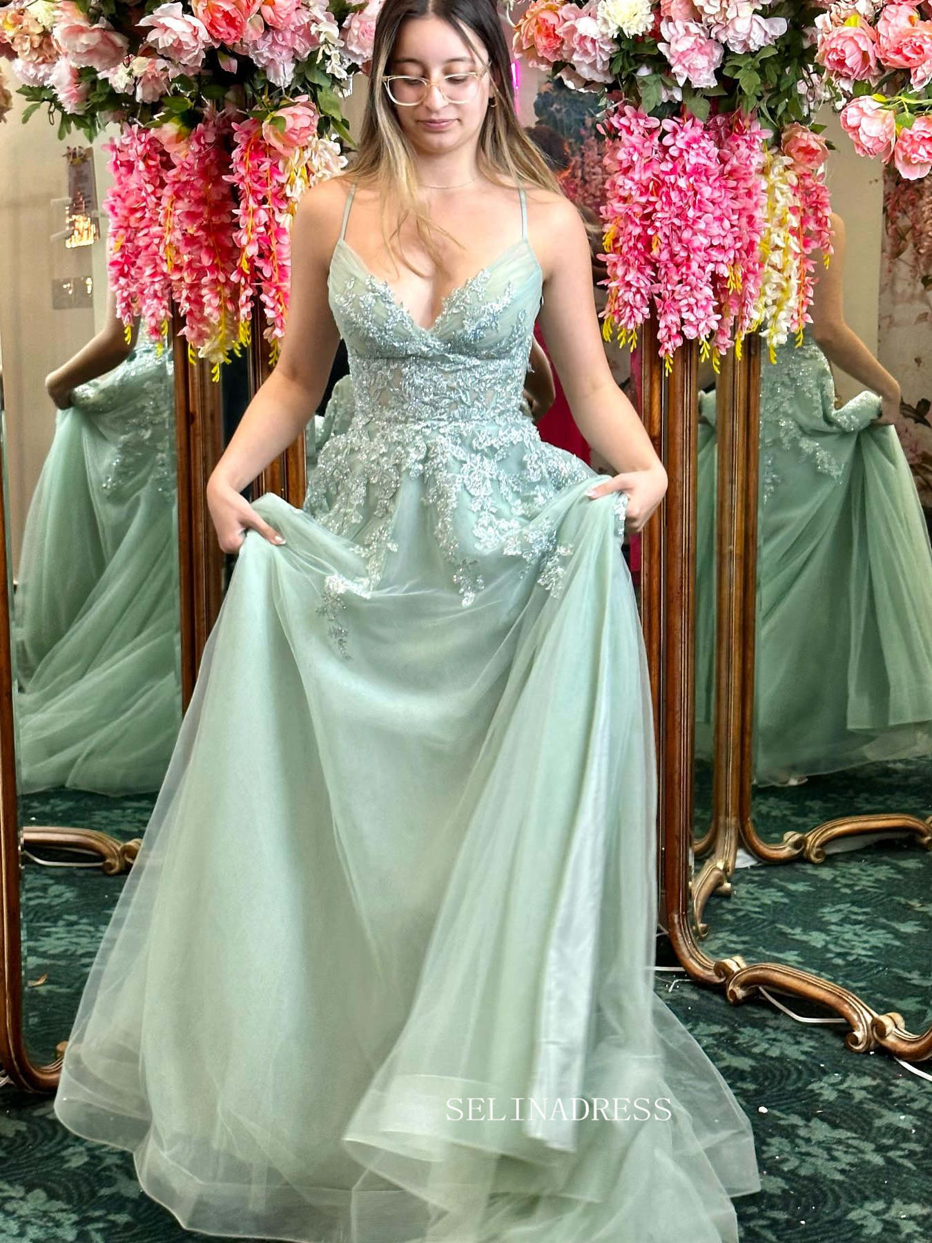 Spaghetti Straps Mint Green Long Prom Dress With Slit Appliqued Evenin SELINADRESS Spaghetti Straps Mint Green Long Prom Dress With Slit Appliqued Evenin SELINADRESS